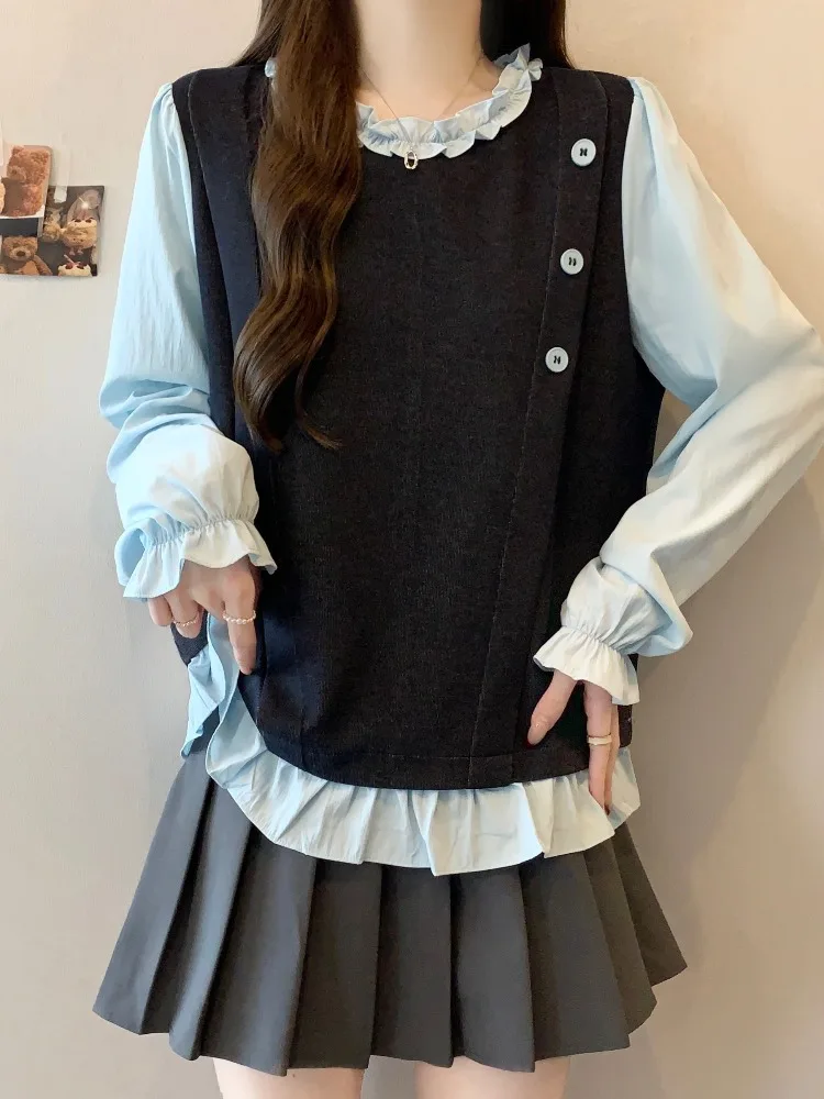 

Wooden Fake Two-Piece irt Women Spring Large Size Beautiful Unique Slimming Tummy Covering Top Luxury Sle Loose Fit