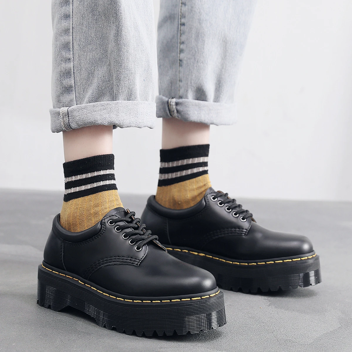 أحذية جلدية، أحذية منصة، أحذية نسائية ذات نعل سميك على الطراز البريطاني برباط أسود من الجلد الطبيعي، جلد صغير على الطراز الأمريكي #1