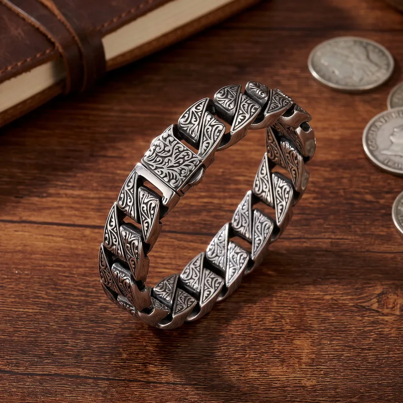 Kalen Vintage Geschnitztes Gliederarmband für Herren Punk Edelstahl Retro Blumenmuster Gravierte Dicke Kette Schmuck Gothic Jubiläumsgeschenk – Detail 7