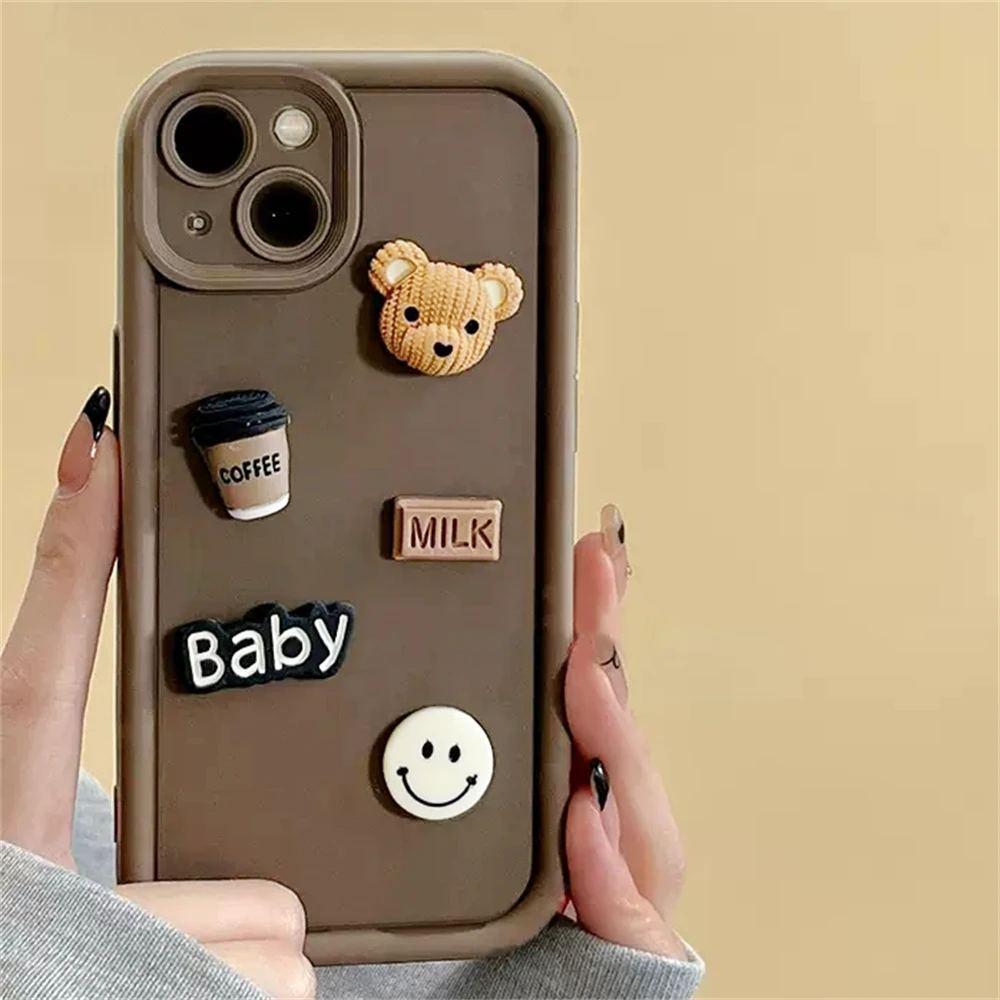 Korean Cute 3D Bear Coffee Phone Case For iPhone 11 13 12 14 15 Pro Max XR XS X 7 8 Plus SE Soft Shockproof Protective Cover