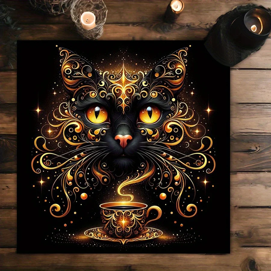 1pc Mystic Cat Tablecloth, Botanical Tarot Altar Cloth, Witch Altar Decor, Cottage‑core Style, Card & Rune Game Mat