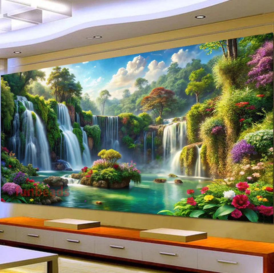 5D fai da te grande pittura diamante croce cascata fiori paesaggio naturale Wall Art, trapano rotondo completo, ricamo decorazioni per la casa