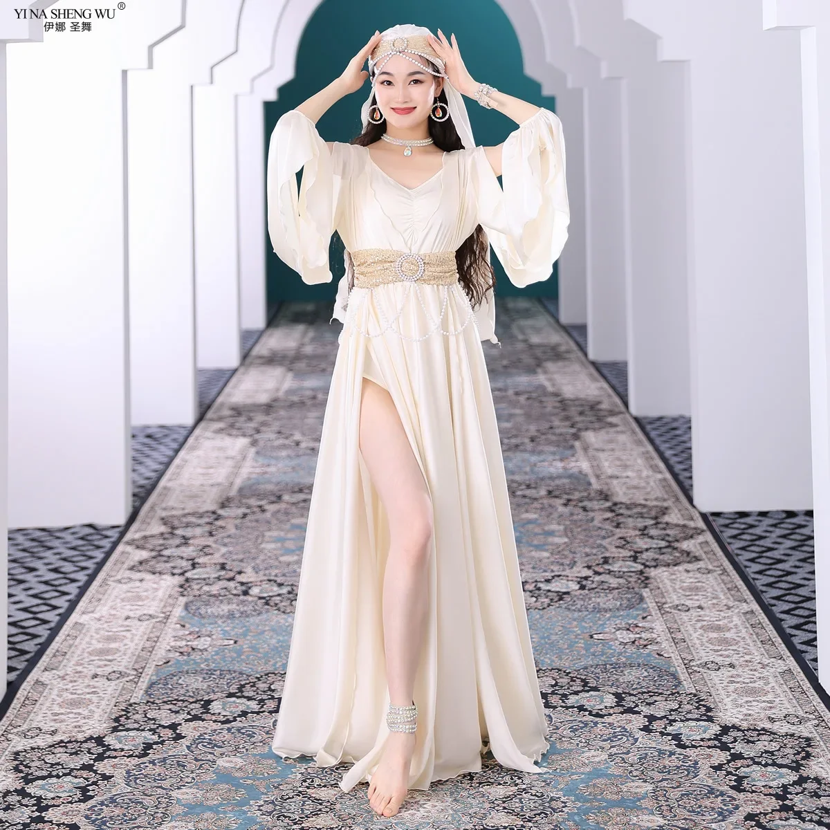 Strój do Tańca Brzucha dla Dorosłych Orientalny Zestaw Taneczny Ludowy Kostium na Występ Szata z Bufiastymi Rękawami Ubranie do Tańca