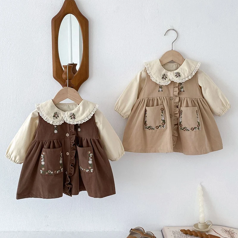 2024 New Autumn Korean Style Toddler Baby Girl Clothes Suit Long Sleeved Cotton Cardigan Shirt+Sleeveless Dress Children Clothes