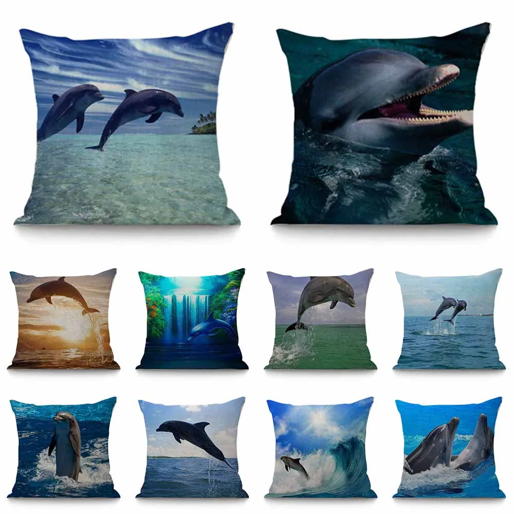 Cute Dolphin Print Pattern Cushion Cover Home Living Room Sofa Decoration Square Polyester Pillow   45x45cm