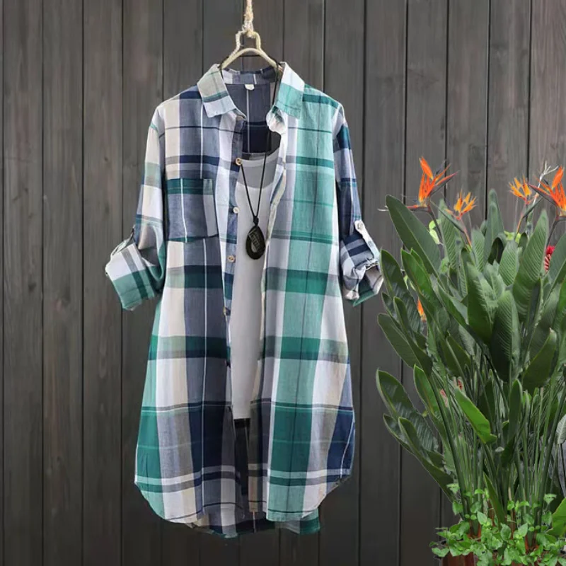 Plaid Cotton Mid Length Blouses Women 2023 Autumn Long Sleeve Elegant Casual Shirt Korean Fashion New Loose Button Blouses