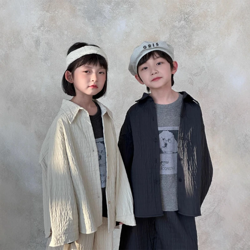 

2025 Autumn New Children's Versatile Lazy Style Casual Checkered Texture Coat and Pants Two Piece Set