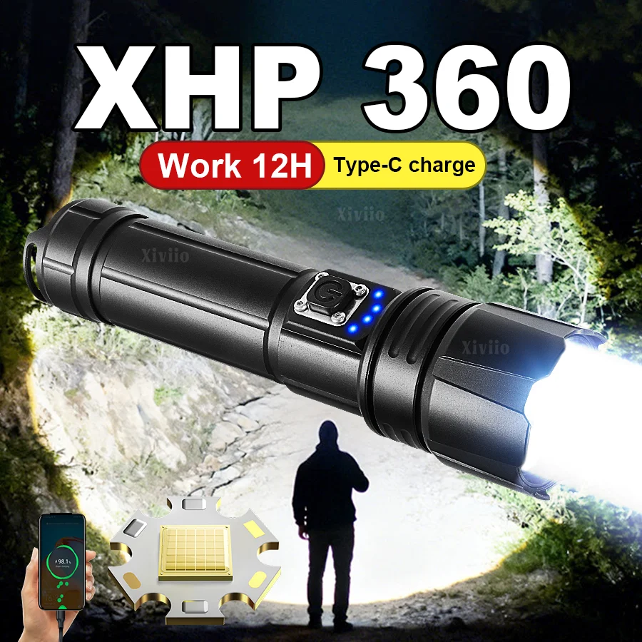 

Мощный светодиодный фонарь XHP360 88000000LM, перезаряжаемый фонарь 26650, тактический фонарь для кемпинга с зумом, уличный фонарь