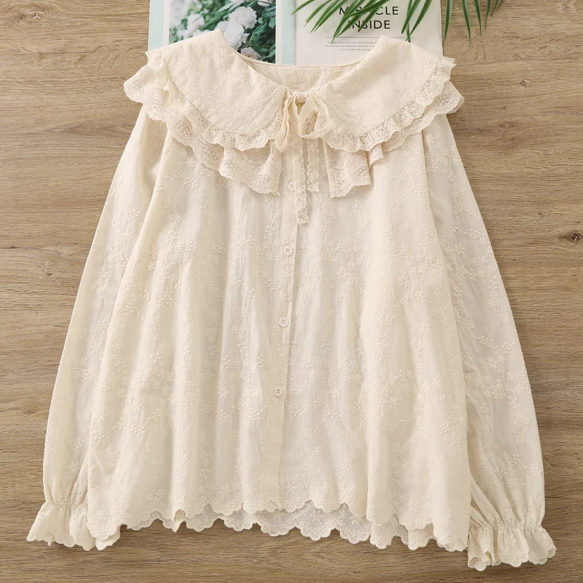 

2025 Youth women's blouses sweet lolita shirts 100% cotton kawaii peter pan collar white beige lace embroidery shirts