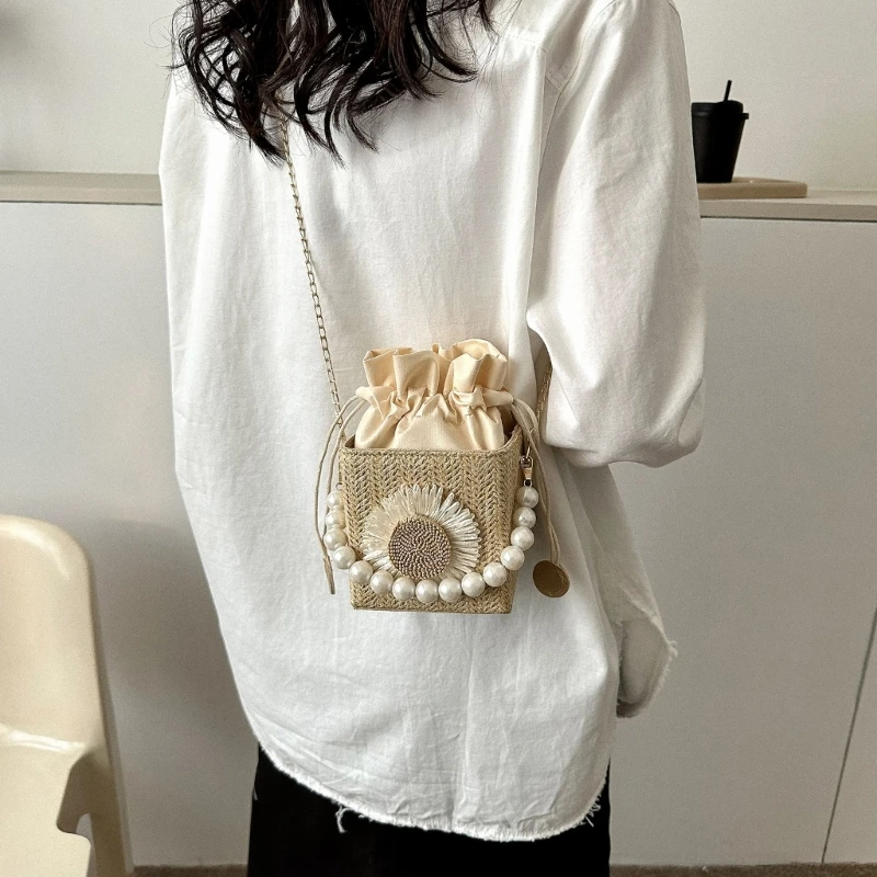 

Fashion Bucket Bag Shoulder Bags for Women Imitation Pearl Chain Handbags Small Tote Crossbody Bags Reusable Casual Bag