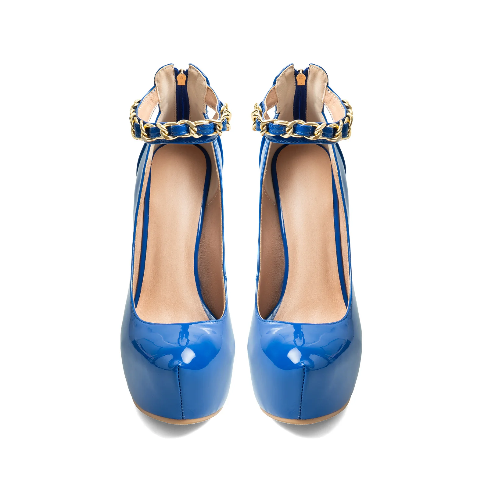 Royal Blue Patent Leather Platform High Heel Pumps Gold Chain Ankle Strap Back Zipper Stiletto Women Party Fashion Shoes view 4