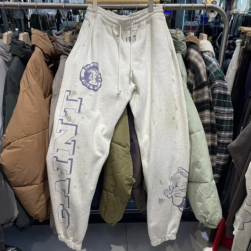 2025ss Oversized Saint Michael Men Pants Angel Print Women 1:1 Best Quality Vintage Washed Sweatpants