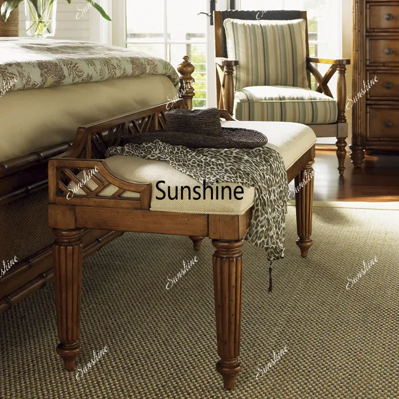 

YAmerican rural solid wood master bedroom end of bed long stool simple design hollow shoe change