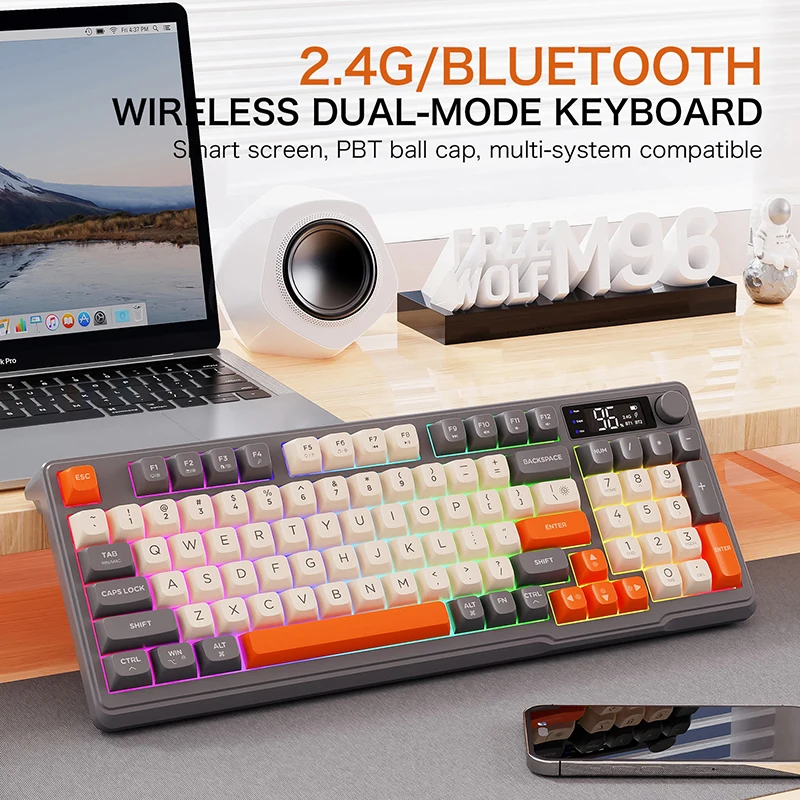 FREEWOLF M96 Wireless Bluetooth Dual-Mode Keyboard PBT Keycap Screen Knob Lithium Battery Backlight Multi-Device Gaming