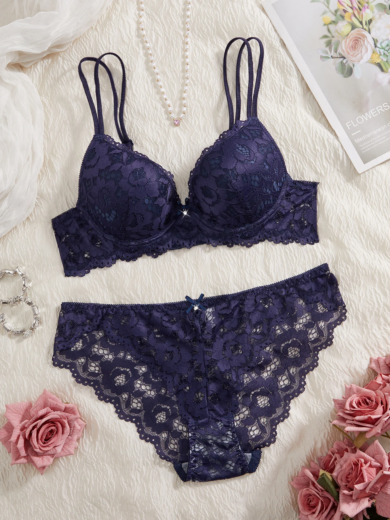 Conjunto de 6 piezas de sujetador y bragas para mujer, conjunto sexy con encaje estampado y patchwork, sin forro, ajuste cómodo, sujetador push-up para mujer, conjunto de ropa interior femenina