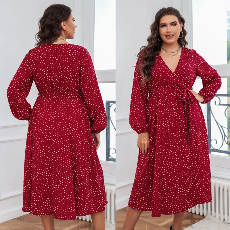 Talla grande Mujer Otoño Casual Estampado V-Ne Par Cena Dr Street Sle Cintura alta Midi Dr Or Sve Cuna de poliéster...