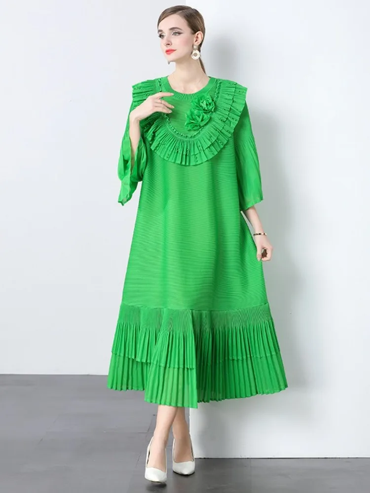 ミヤケ レディース ロングドレス 夏 2025 ルーズ ファッション ハイストレッチ フリル ビーズ 長袖 花柄ローブ