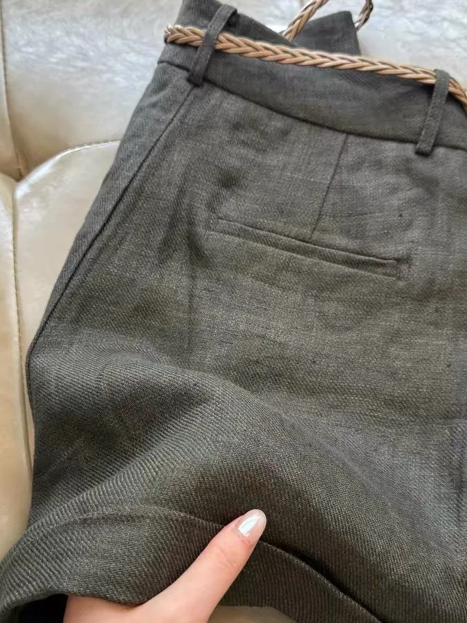 High Waist Cotton Linen Wide Leg Short Pants Women Summer Fashionable Casual Cuffed Straight Leg Hot Pants Casual Wide Leg Pants