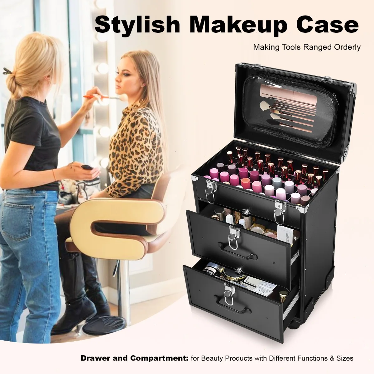 Professional Makeup Train Case, Cosmetic Case for Makeup Artist Nail Salon, Large Capacity Aluminum Alloy Frame with Wheels view 3