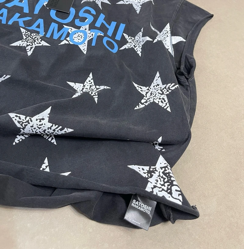 Schwarzes Acid-Wash Herren-Tanktop, zerrissenes ärmelloses Grafik-T-Shirt, Damen Vintage-Stern-Print, übergroßes Y2k Streetwear-Oberteil – Detail 6