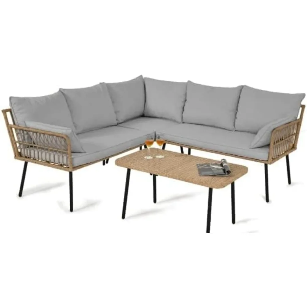 Outdoor Sofa Set of 4 with Thickness Cushions and Side Table, Rattan 4 PCS Patio Furniture Set, Outdoor Wicker L-Shaped Sofa