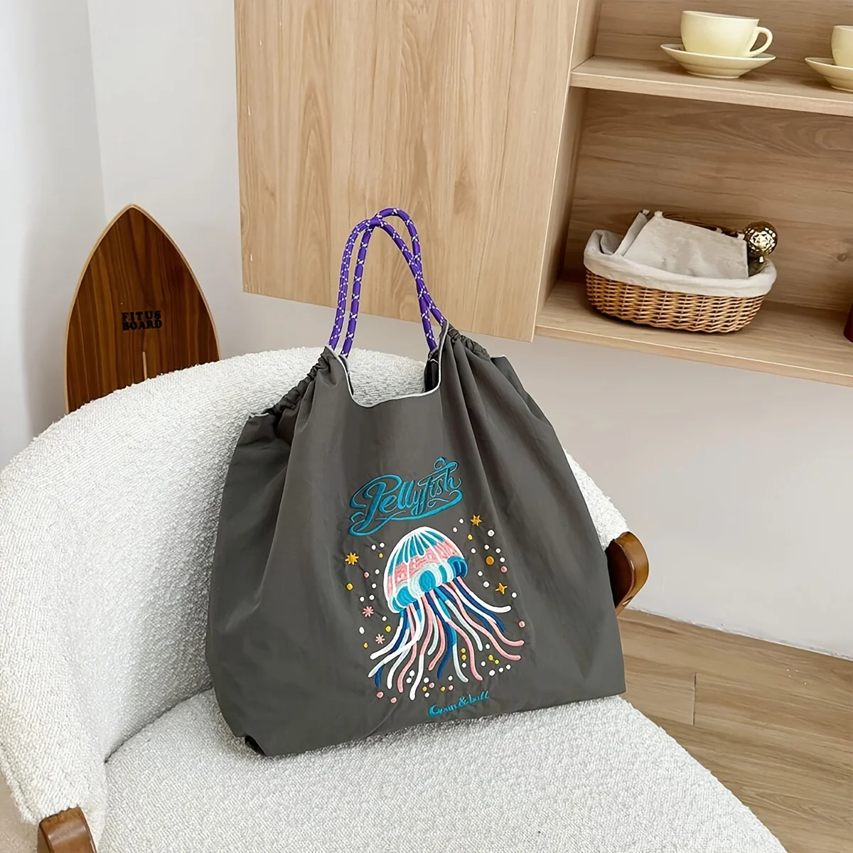 1pc Ball&Chain Astronaut Environmental Bag Kawaii Nylon Canvas Embroidery Large Capacity Shoulder Bag Shopping Bag Girls Gifts