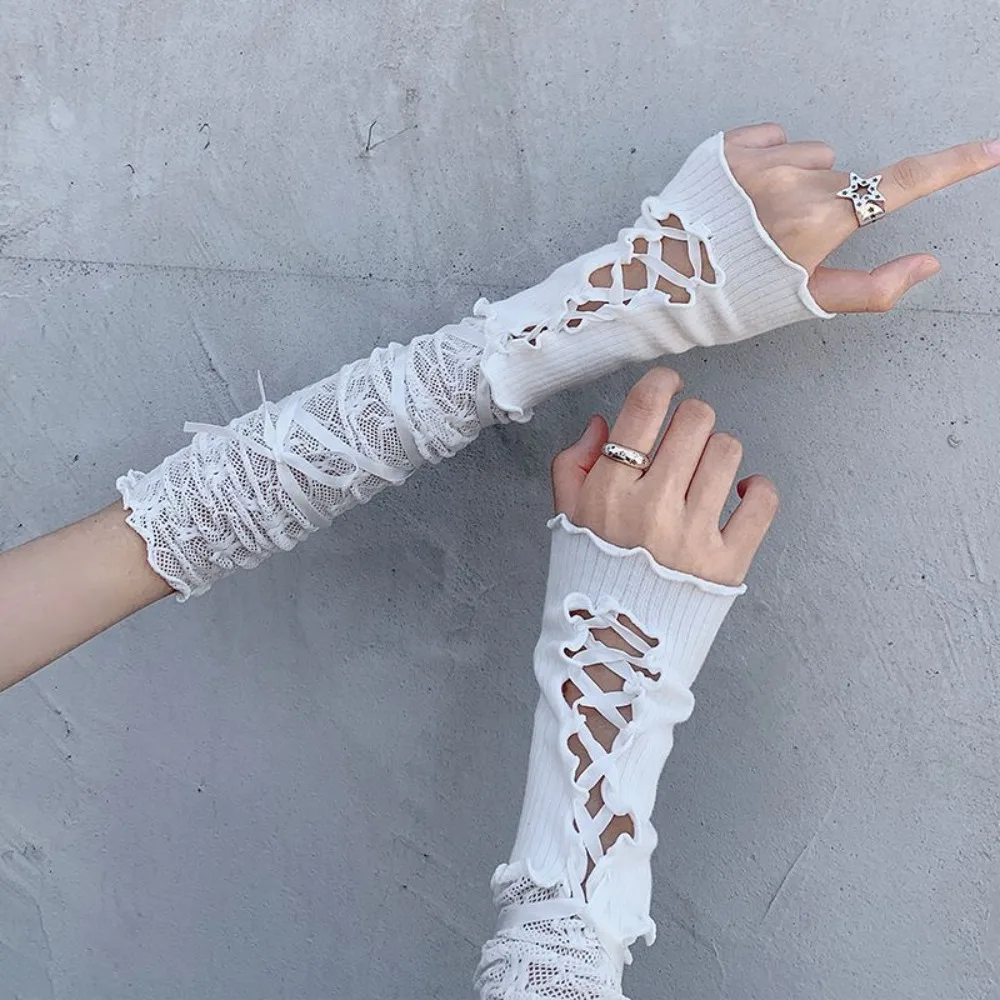 Guantes de encaje Punk gótico Lolita, manoplas sin dedos de malla elástica, guantes de Anime japonés con flejes con lazo, mujeres y niñas