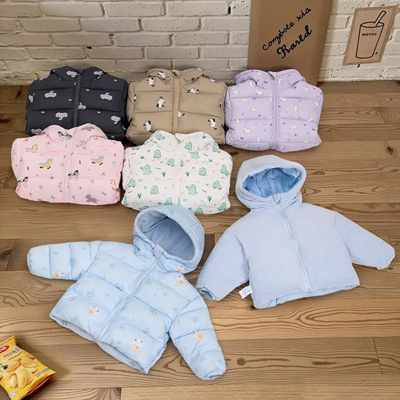 2-6 Years Kids Winter Reversible Down Cotton Jacket Fashion Cartoon Print Hooded Coat Fleece Warm Outerwear for Boys Girls