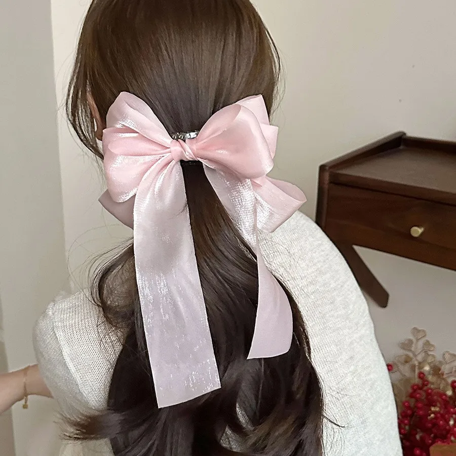 

Hair Spring Clip Pearl Mesh Cream Bow Ribbon Ethereal Sweet Korean Style for Daily Party Home