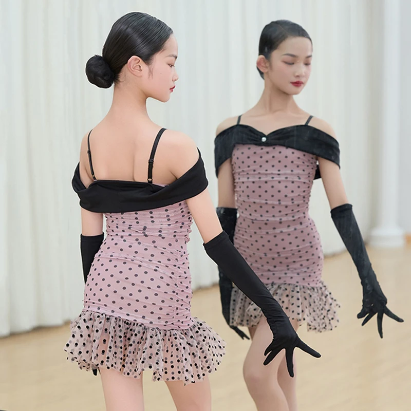 Vêtements de danse latine pour filles, épaules dénudées, robe rose à pois, ensemble jupe pour spectacle Samba Rumba, vêtements de danse VDL3134