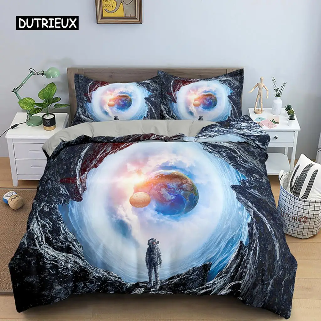 Astronaut Duvet Cover Set Spaceman Pattern Bedding Set for Boys Girl Microfiber Bedclothes Twin King Size 2/3pcs Comforter Cover