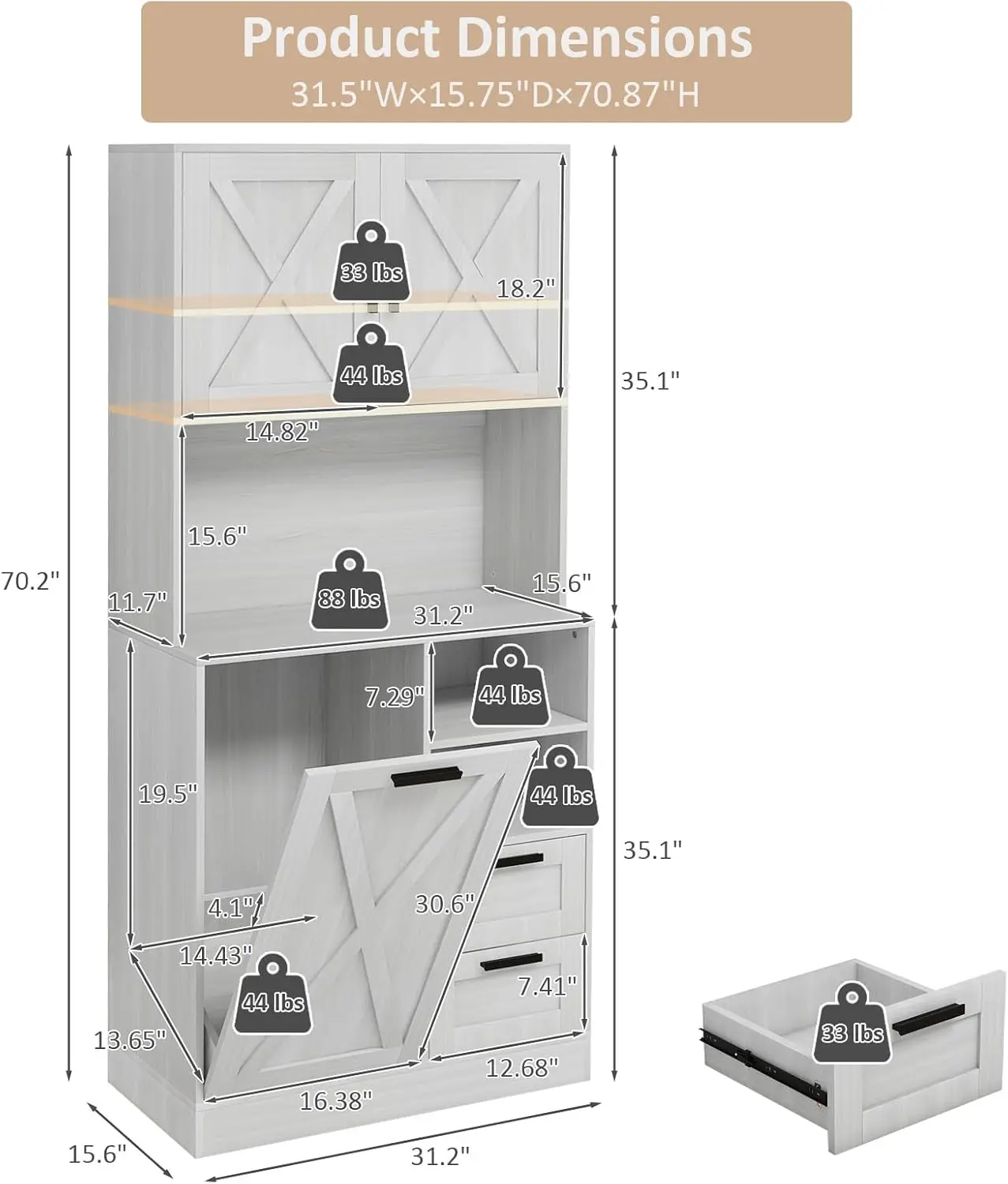 

Kitchen pantry, equipped with a 71 inch high kitchen storage cabinet with a tilting trash bin, adjustable shelves, and 4 drawers