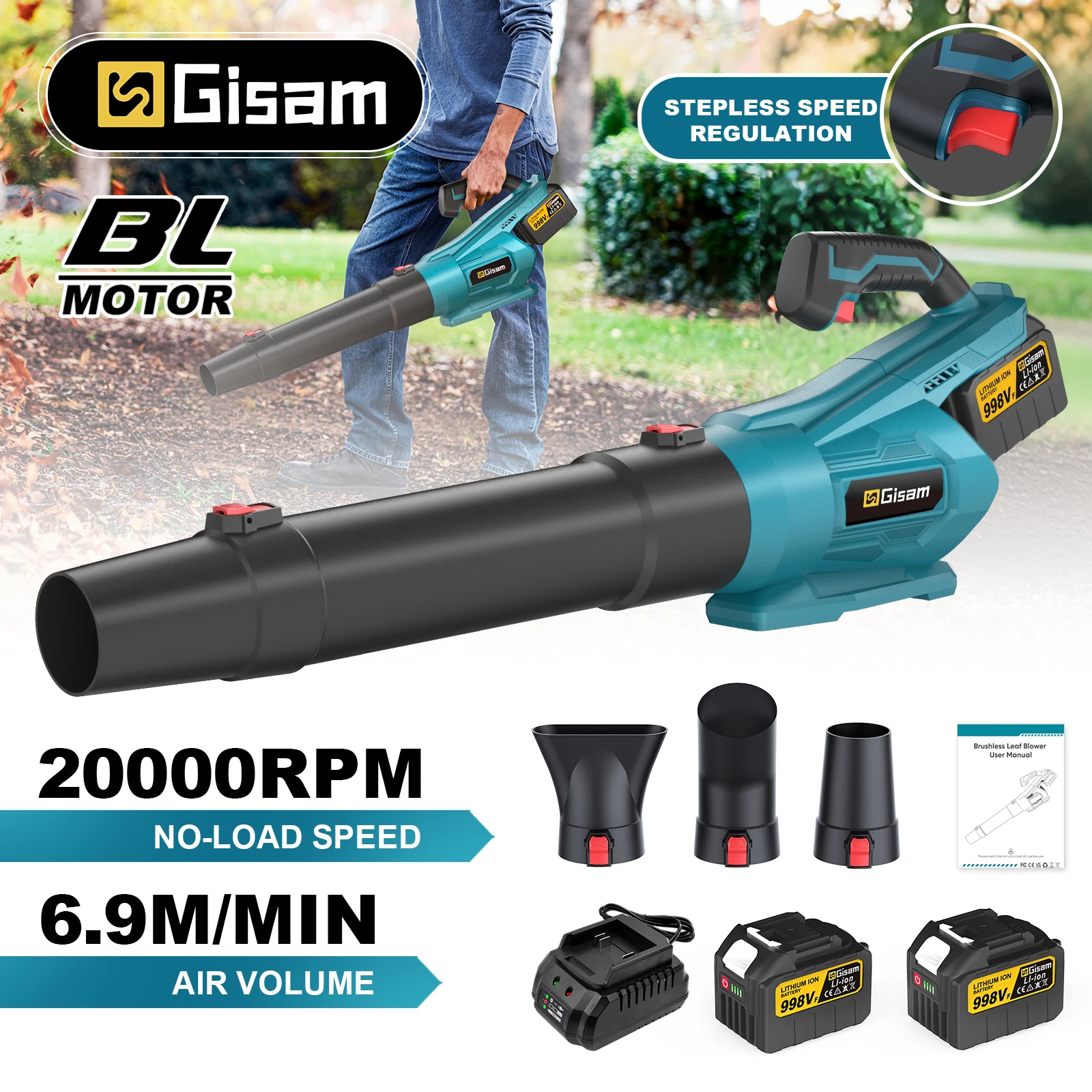 Gisam Bezszczotkowa Elektryczna Dmuchawa Powietrza 20000RPM Bezprzewodowa Dmuchawa do Liści, Śniegu i Kurzu, Narzędzie do Czyszczenia Ogrodu, Kompatybilna z Akumulatorami Makita 18V