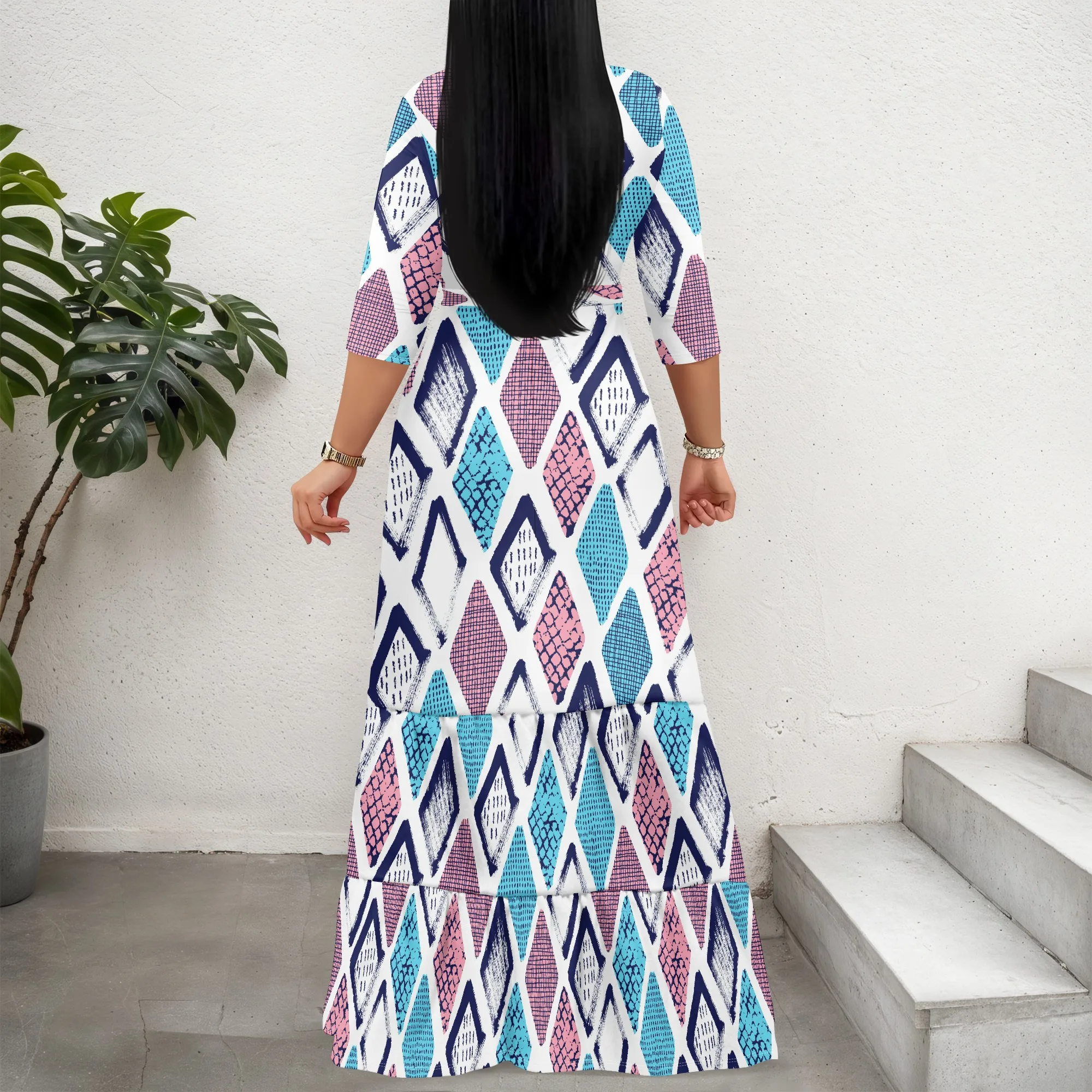 Vestido feminino com cinto de manga comprida, vestido elegante listrado estampado com bainha de três camadas e bolso.