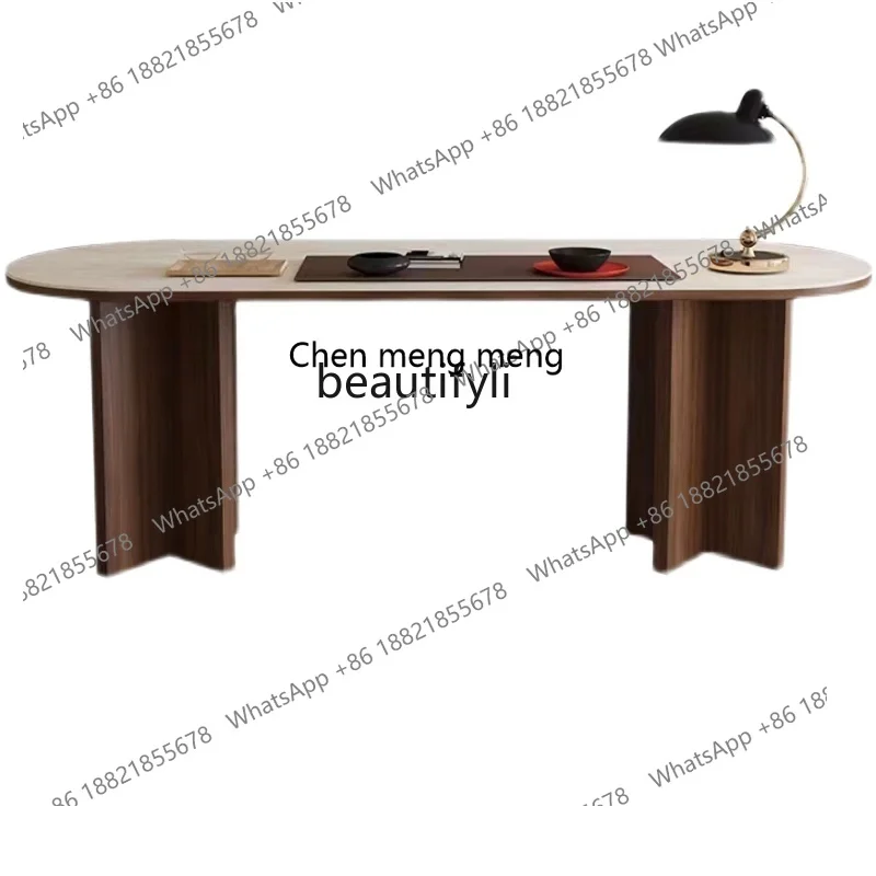 

French Solid Wood Dining Table Simple Home Cream Style Stone Plate Silent Style Oval Long Table