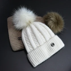 Japanese Rabbit Hair Fox Fur Pompom Hat Female Designers M Sign Knitted Hat Autumn Winter Warm Ear Protection Hat Beanies Hat