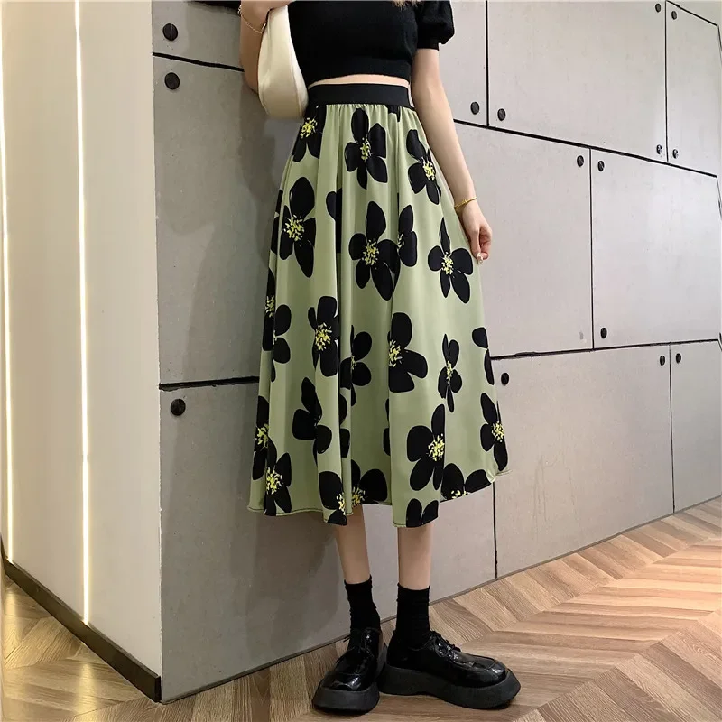 2025 Summer Women's High Waist Slimming Green Flower Skirt A-Line skirt