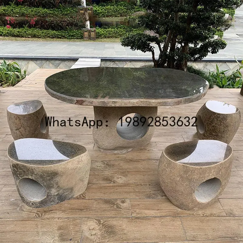 XL Stone Table and Stool for Courtyard Garden Home Outdoor Natural Pebble Table and Chair