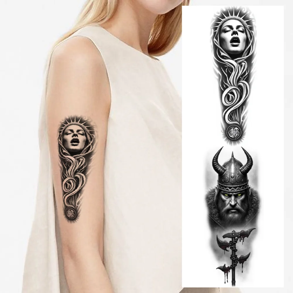 

12pcs Temporary Tattoo Spartan Helmet Waterproof Long-lasting Body Stickers Wolf Head Warrior Woman Black And Grey Realism For