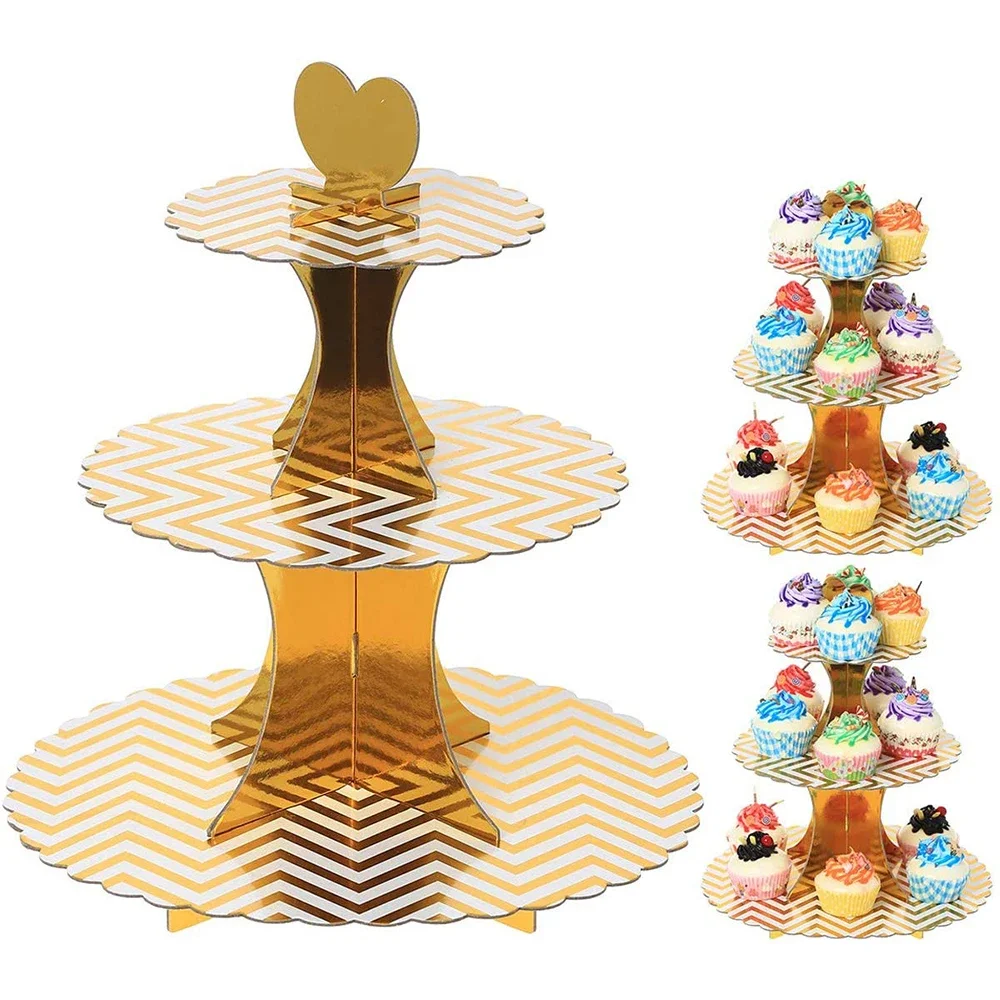 3-Layer Cardboard Cake Stand Golden Disposable Cupcake Stand Wedding Baby Baptism Birthday Party Supplies