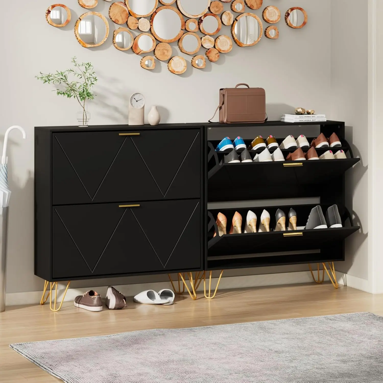 خزانة أحذية سوداء رفيعة مع درجين، منظم مدخل ضيق بمقبض معدني وأرجل #4