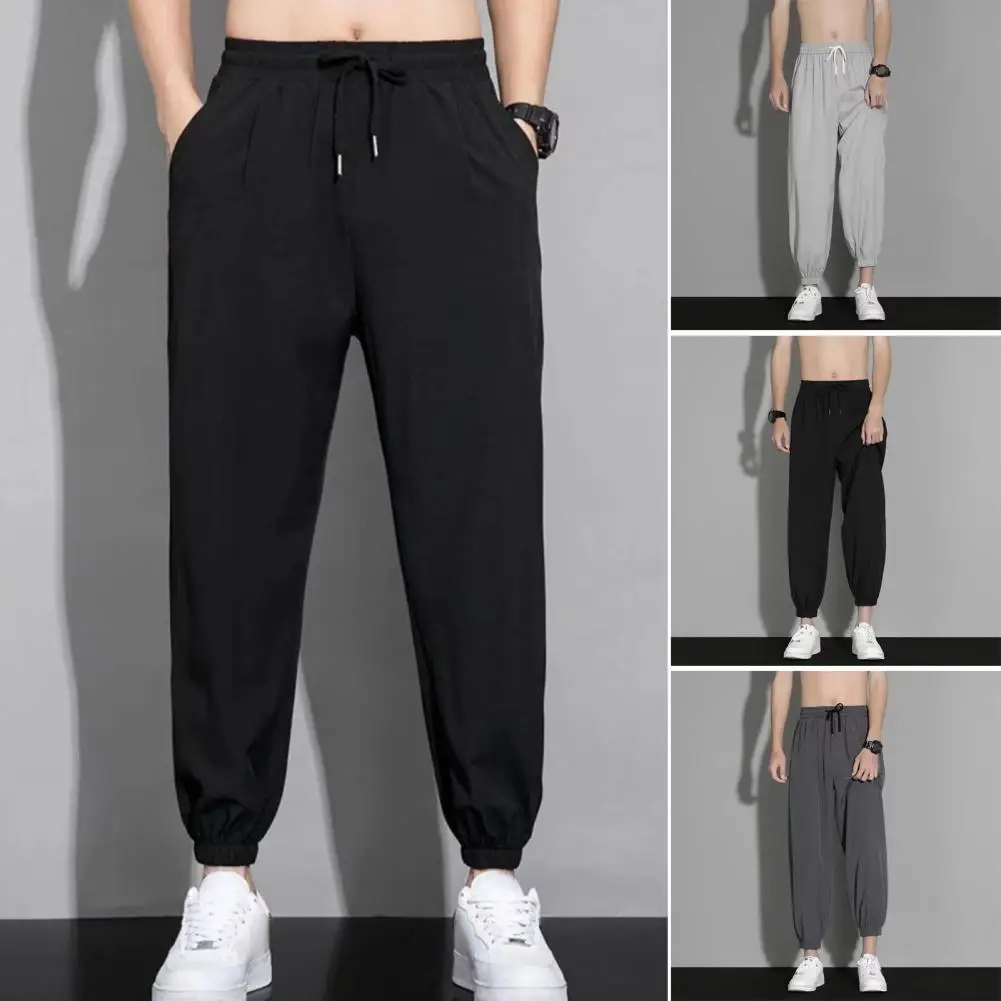 

Men Trousers Quick Dry Men's Gym Training Sweatpants with Side Pockets Drawstring Waist Ice Silk Straight for Plus for Active