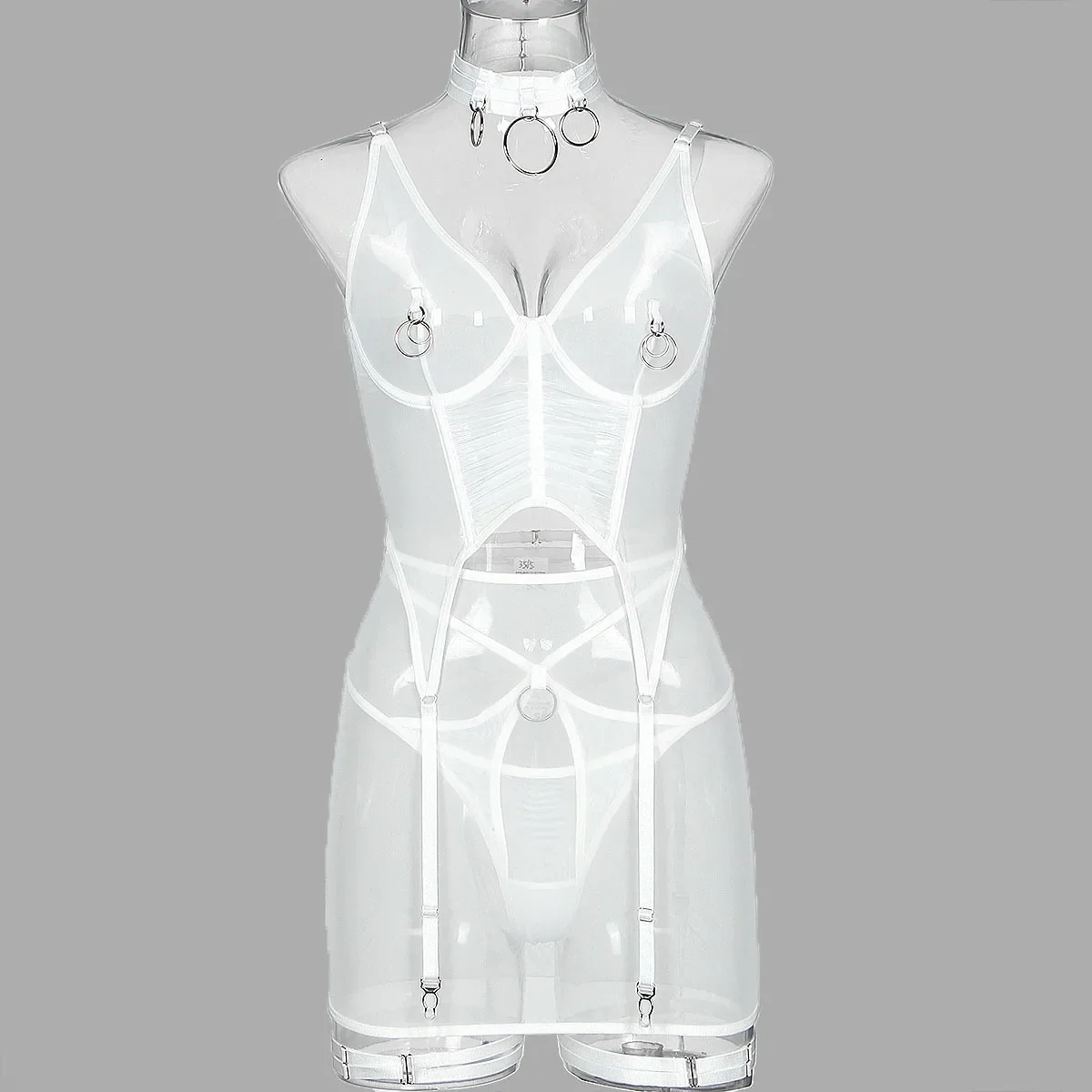 Maglia ultrasottile di vendita calda, anello pettorale trasparente sexy, chiodi appesi, shapewear, gonna corta, set da cinque pezzi con reggicalze