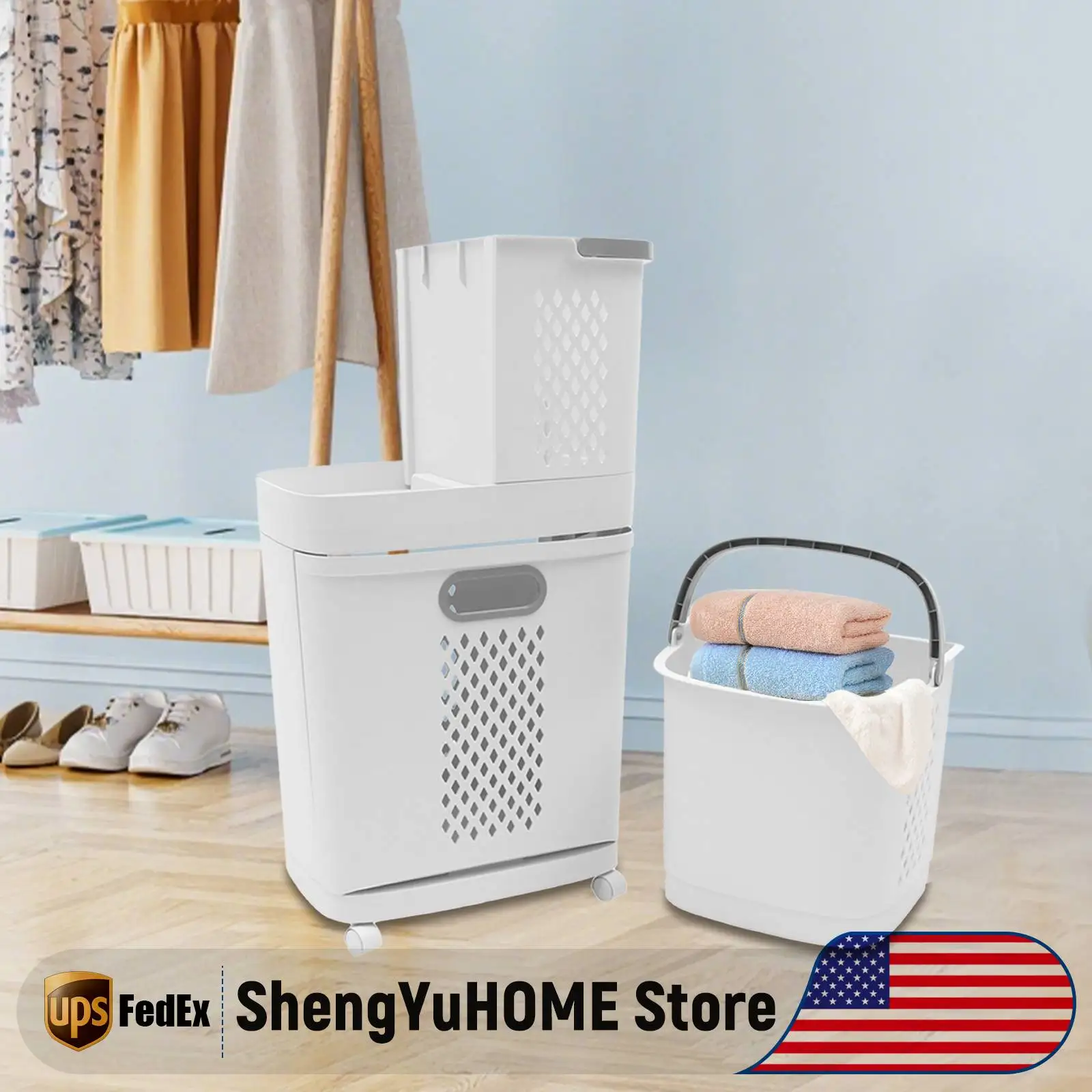 

Двухуровневая корзина для белья, органайзер для сортировки белья на колесиках, съемные корзины с 4 отделениями, многофункциональная корзина для сортировки одежды