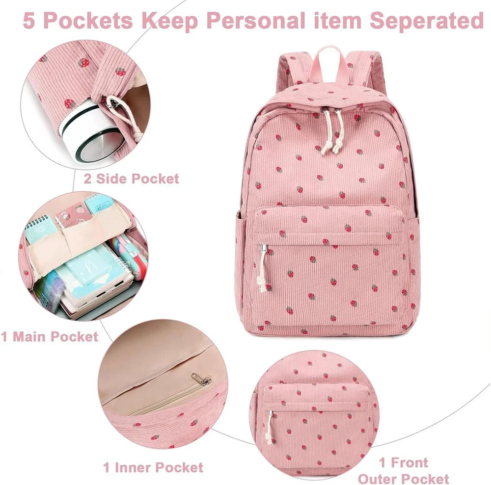 Nesitu Large Capacity A4 14 15.6'' Laptop Corduroy Women Backpack Student Schoolbag Duffle Travel Bag Pink Black off-white M005