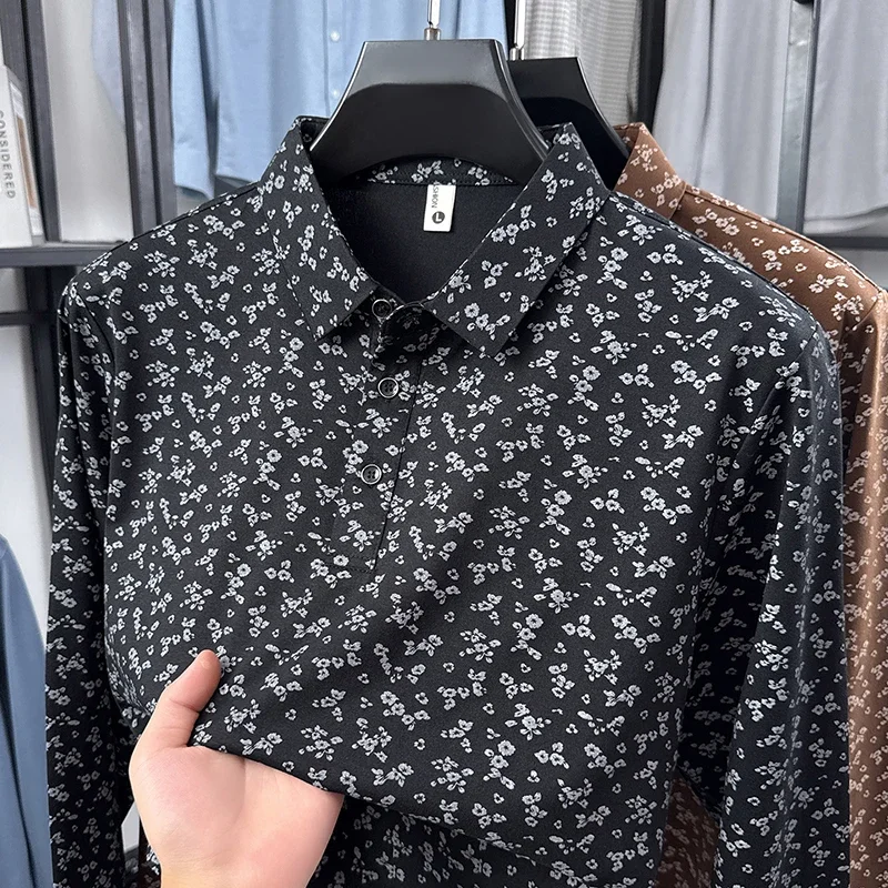 Summer Mens Floral Pattern Polo Top Turn Down Collar Button Closure Soft Touch Leisure And Office Business Garment