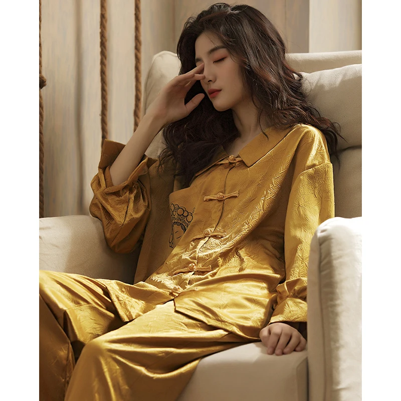 

Luxury Chinese Style Pajamas Women Long Sleeve Spring Ladies Satin Disc Buckle Sleepwear Turn Down Collar Pyjama Suit Female