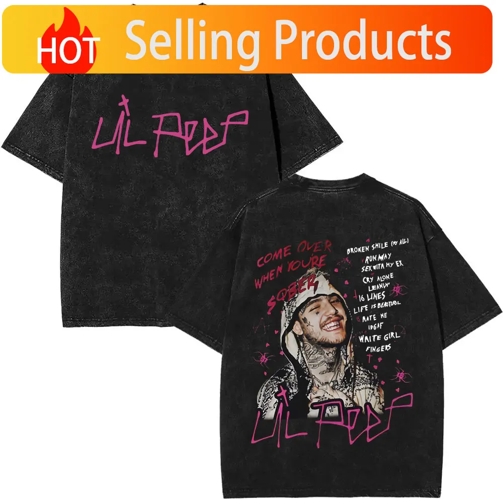 Washed Vintage Rapper Lil Peep Double Sided Print T-shirts Men Women Fashion Hip Hop Oversized Short Sleeve T Shirt Streetwear