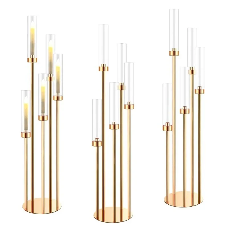 5pcs 5/8 Heads Metal Candelabra Candle Holders Road Lead Table Centerpiece Gold Candelabrum Stand Pillar Candlestick wedding H82