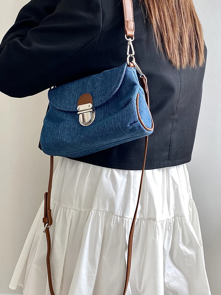 Retro Denim Women\'s Small Shoulder Bag Soft Canvas Ladies Crossbody Bags Lock Design Female Tote Purse Underarm Bag Handbags